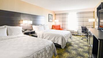 Premium bedding, desk, laptop workspace, iron/ironing board