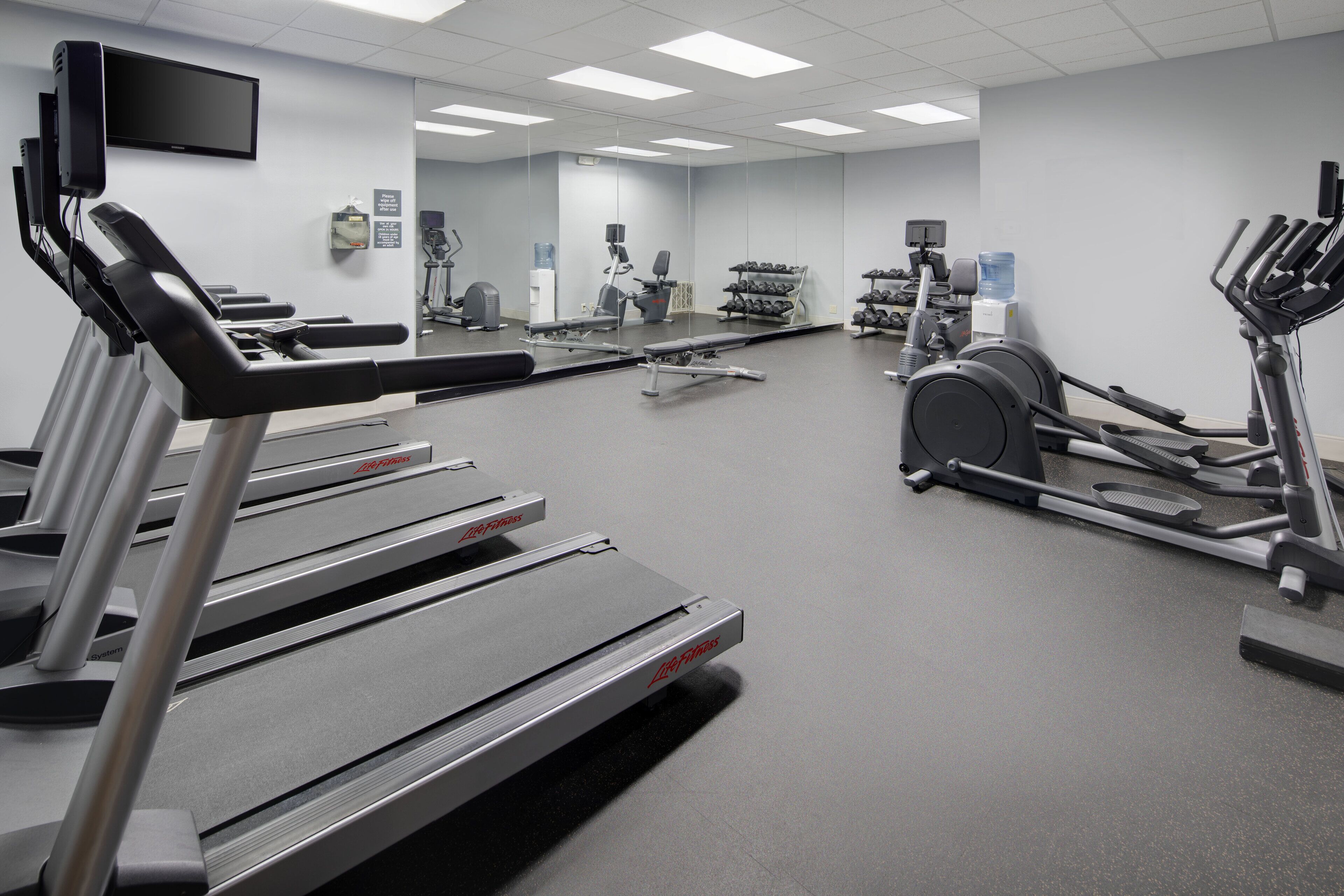 A gym with treadmills, elliptical machines, and weight benches.