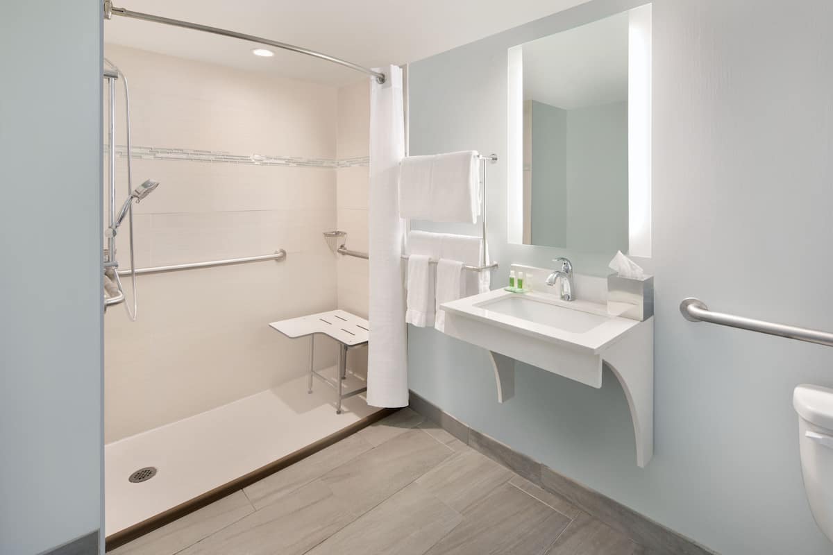 A modern bathroom with a shower, grab bars, a sink, and a toilet.