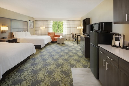 Premium bedding, desk, laptop workspace, iron/ironing board