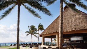 A beachside resort with a thatched-roof bar, lounge chairs, and a view of the ocean.