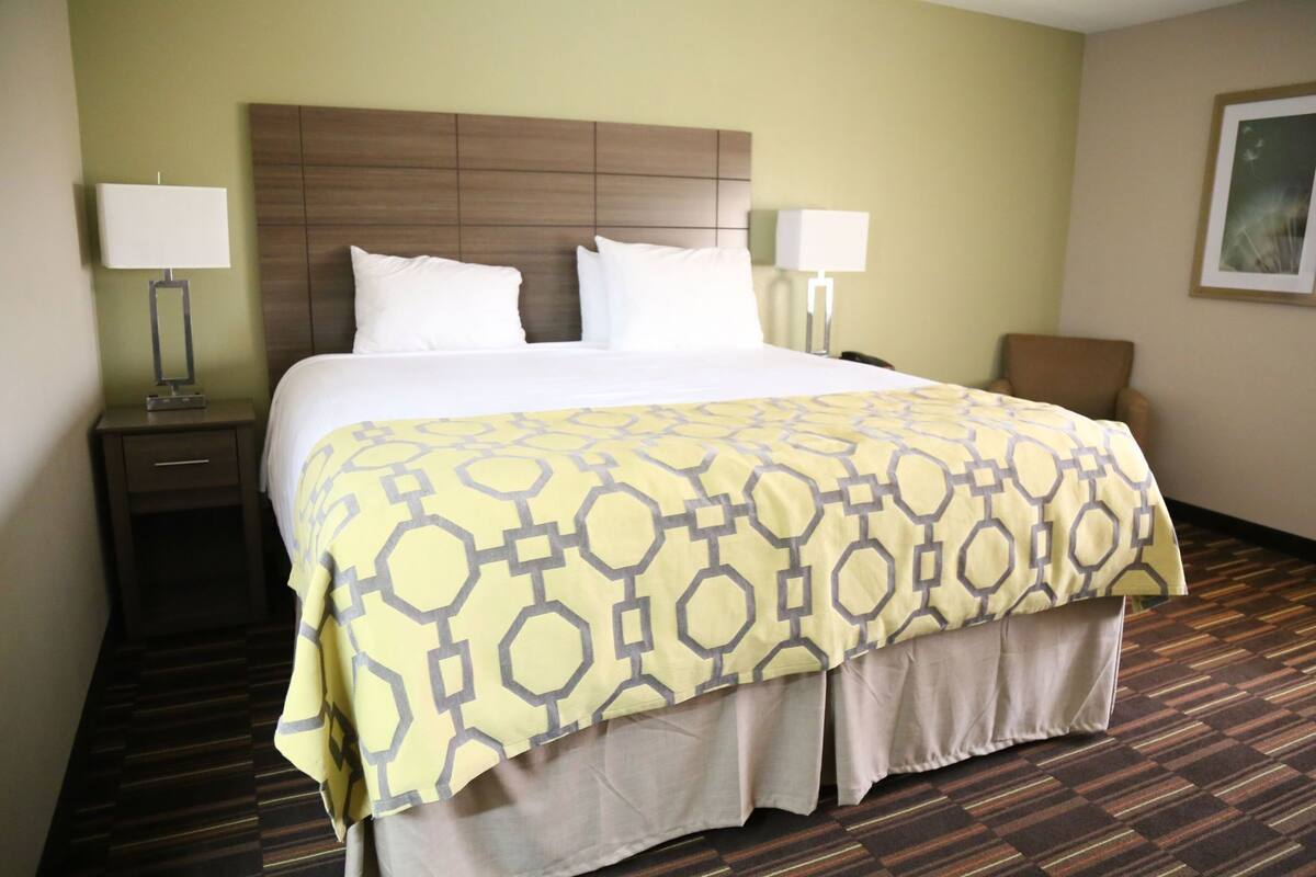 A hotel room with a large bed, two bedside lamps, a nightstand, and a chair.