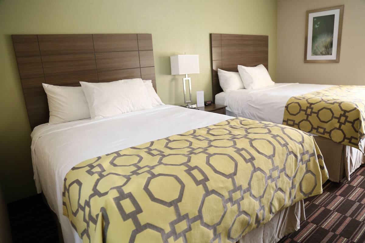 A hotel room with two beds, each with a headboard and white bedding. There is a bedside table with a lamp and a small table with a phone and a decorative item.