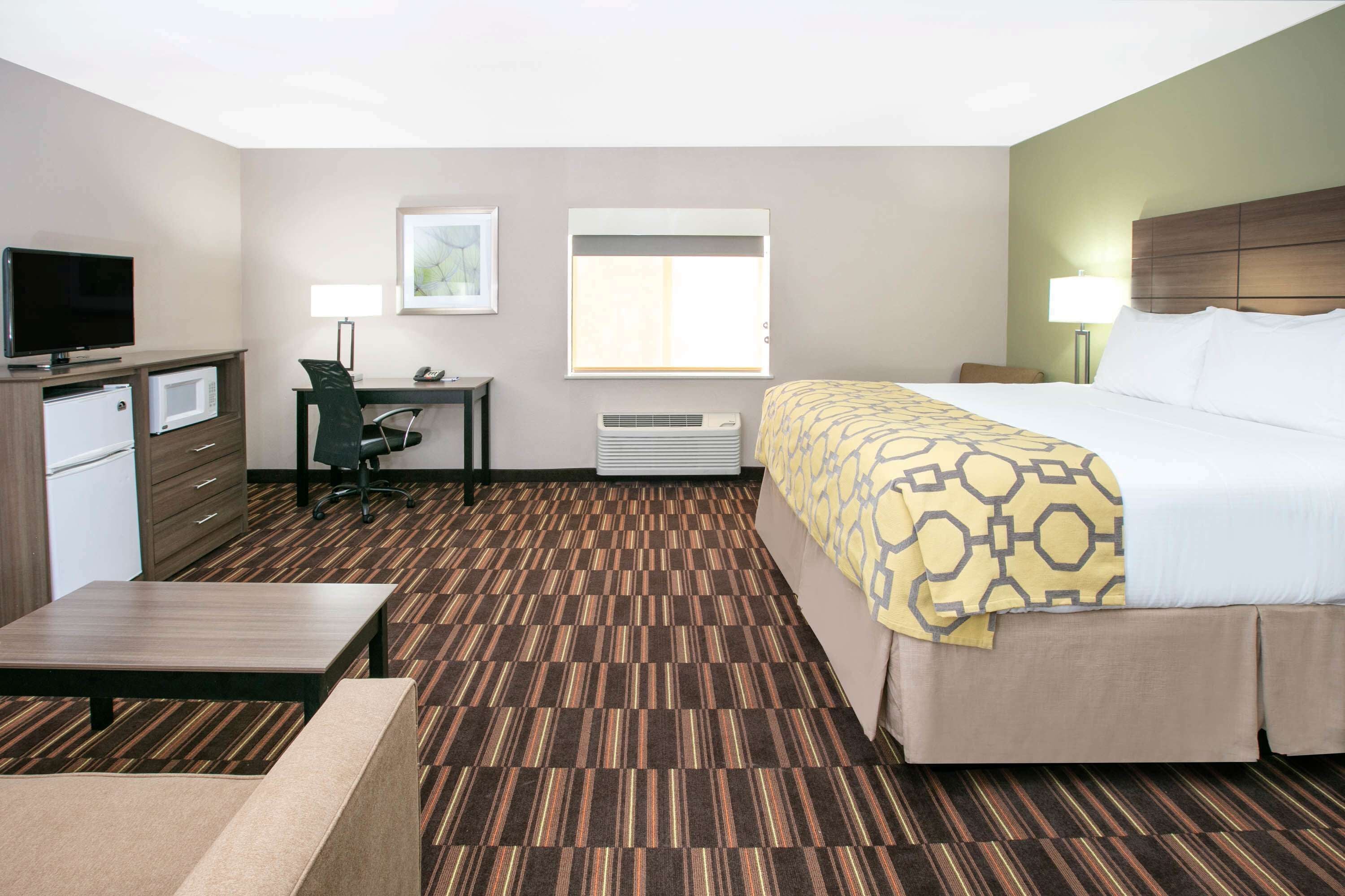 A hotel room with a bed, desk, chair, television, and a microwave.