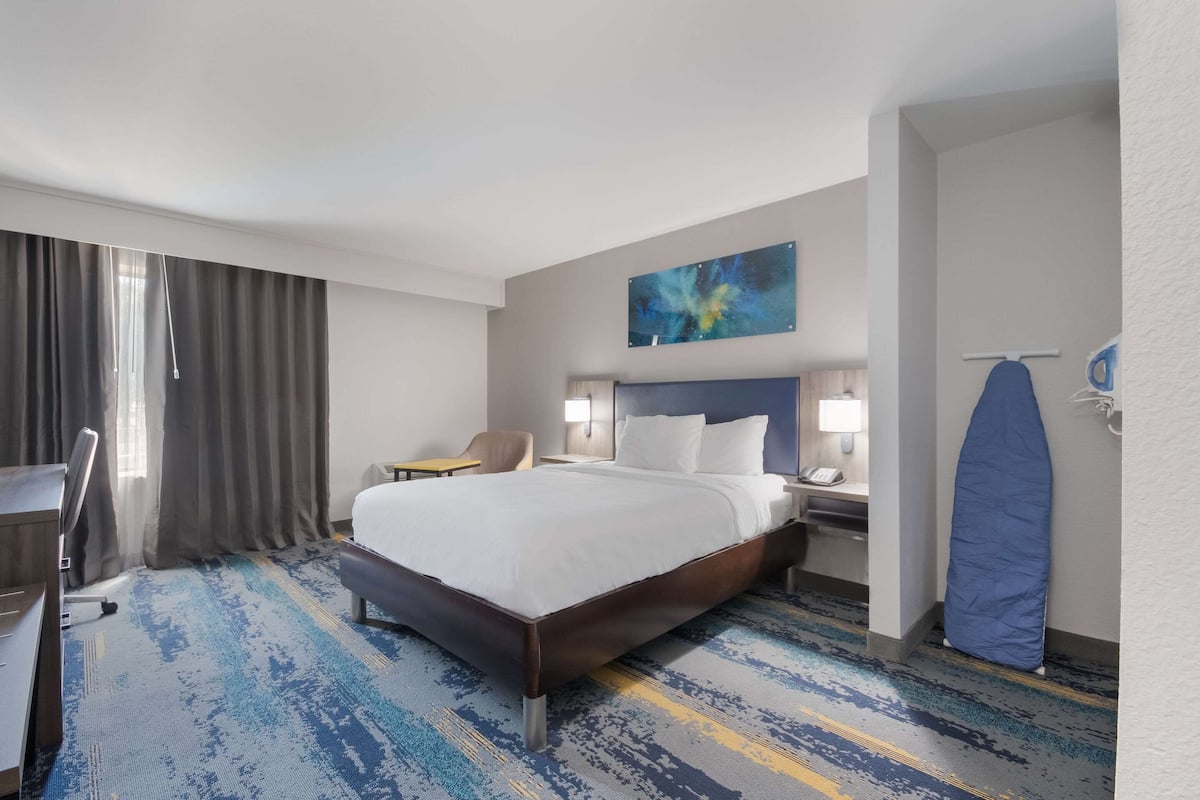 Habitación de hotel con una cama grande, un escritorio, una silla, una mesita de noche y un perchero para toallas en el techo.