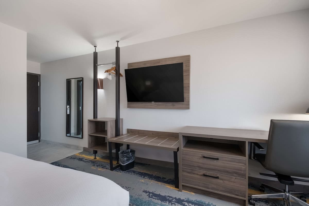 Una habitación de hotel moderna con una cama grande, un escritorio con cajones, un televisor de pantalla plana montado en la pared y un pequeño cubo de basura.