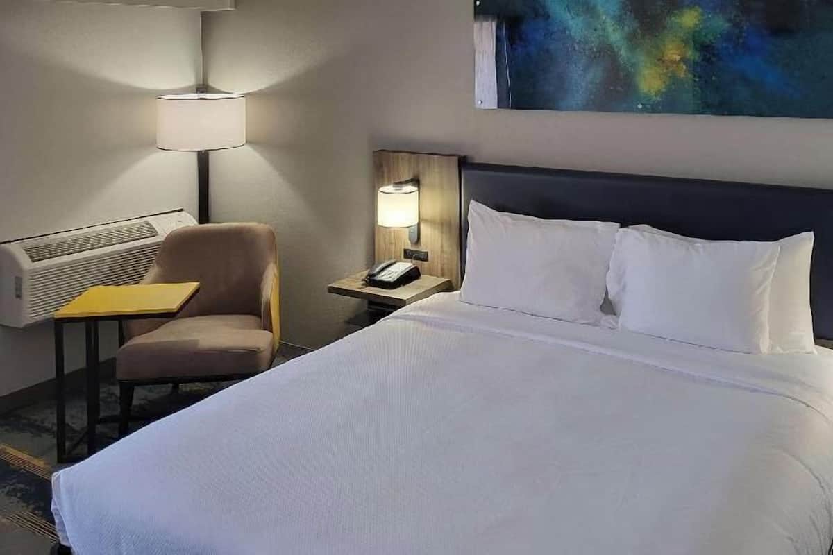 Habitación de hotel con una cama grande, una silla, un escritorio con lámpara, teléfono y una obra de arte colgada en la pared.