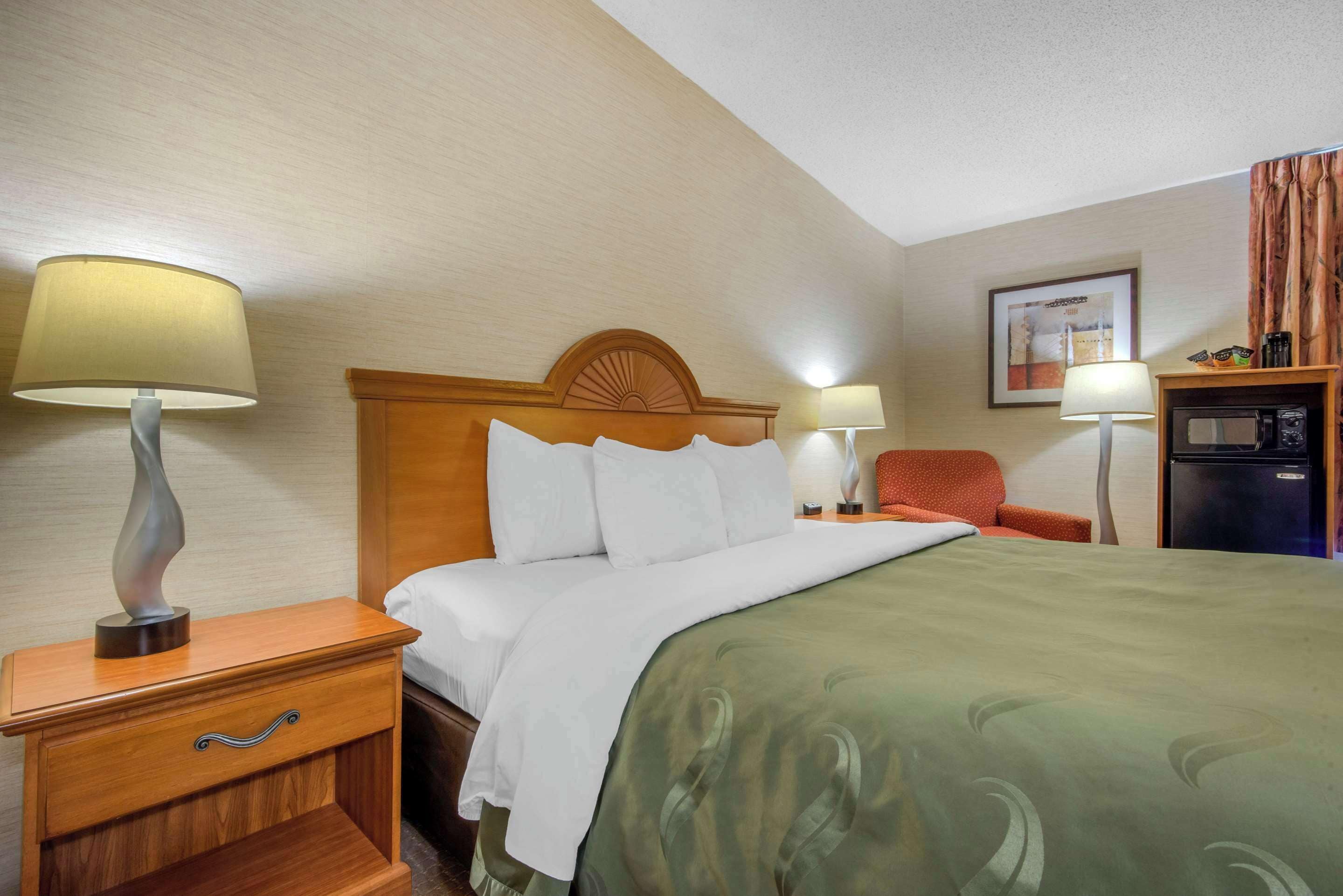 Une chambre d’hôtel avec un lit, deux tables de chevet avec des lampes, une chaise, un four à micro-ondes et un tableau encadré au mur.