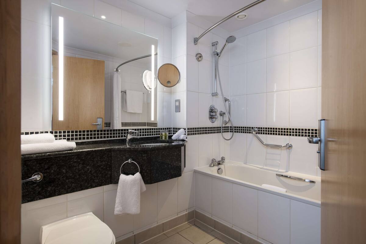 combined shower/bathtub, free toiletries, hair dryer, towels