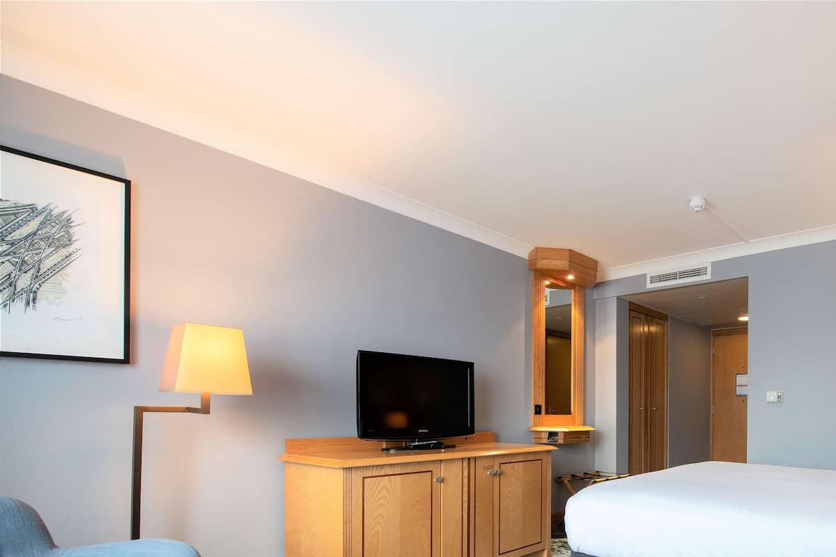 A hotel room with a bed, a television on a wooden cabinet, a lamp, and a framed picture on the wall.