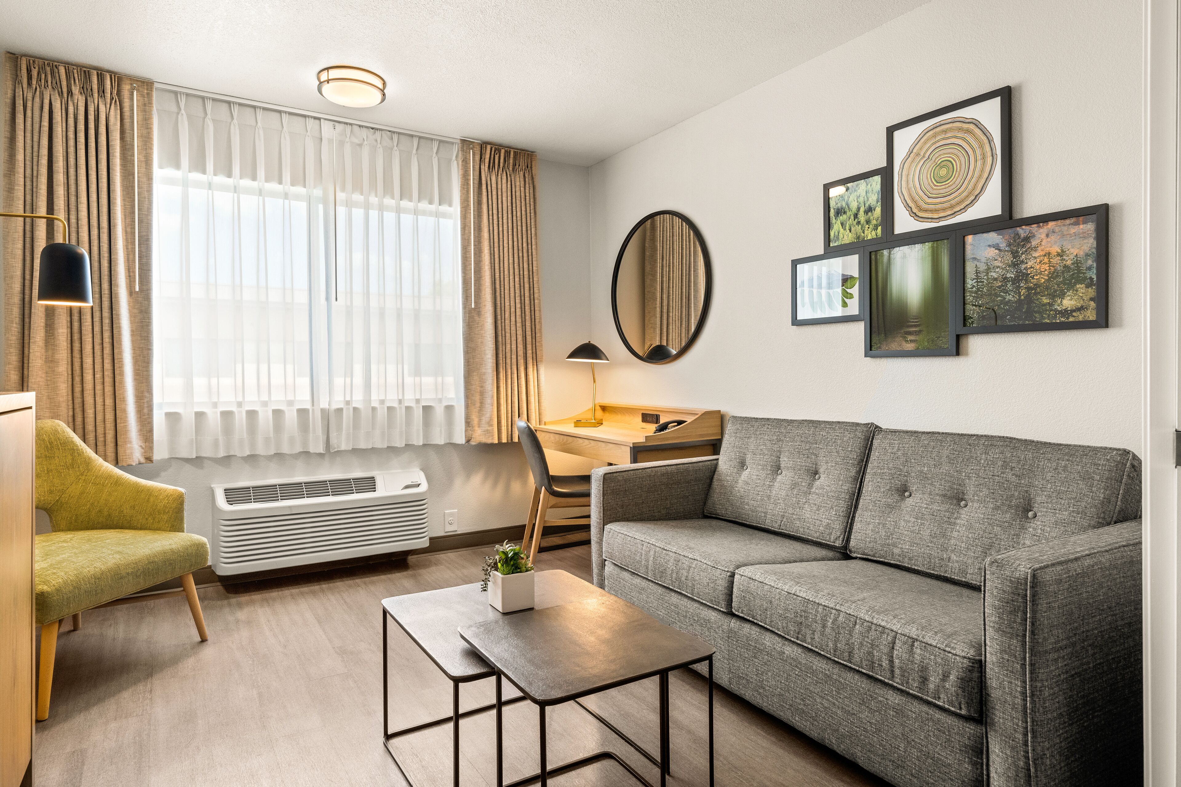 premium bedding, desk, blackout curtains, iron/ironing board