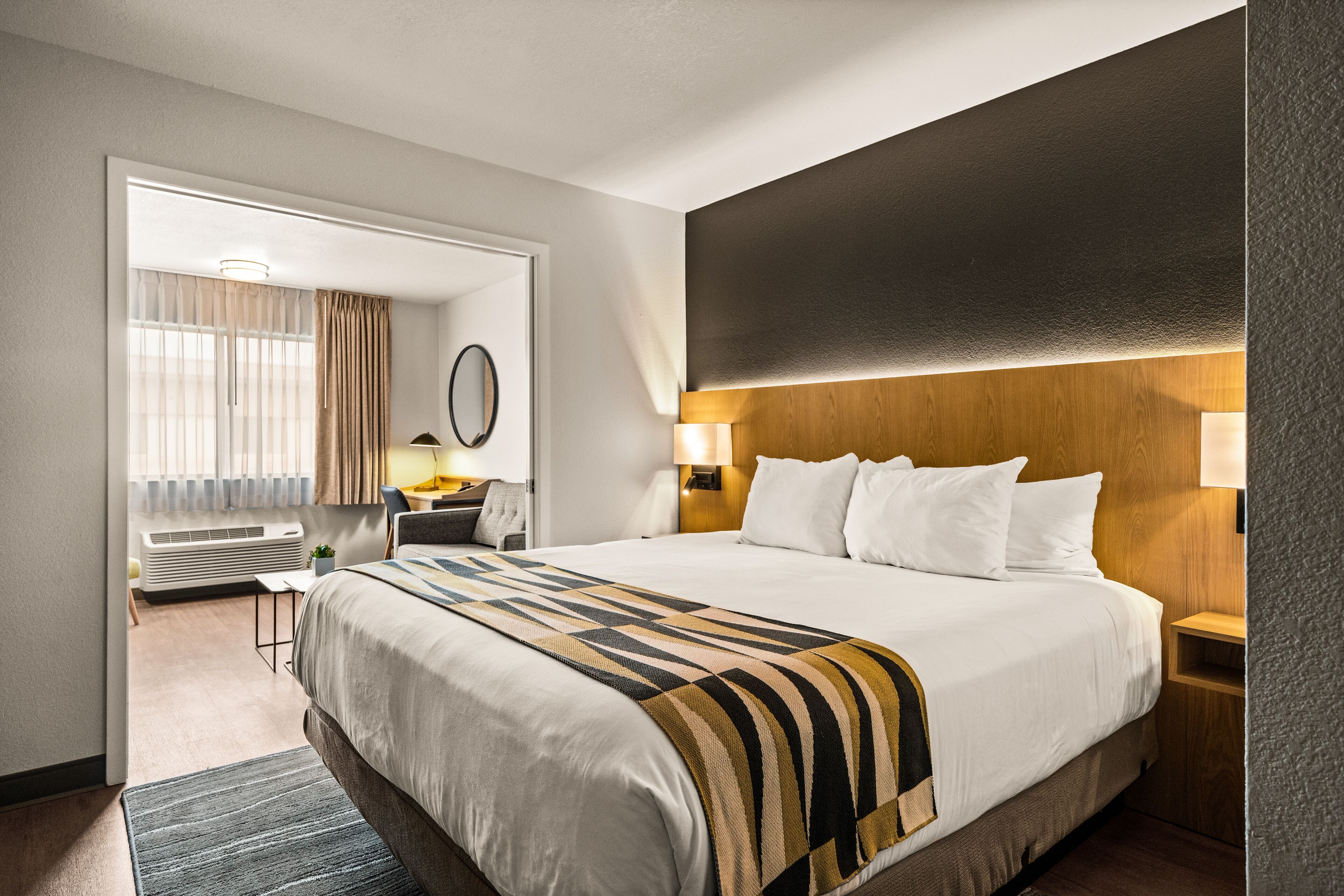 premium bedding, desk, blackout curtains, iron/ironing board