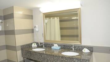 A bathroom with two sinks, a mirror, and a hairdryer.