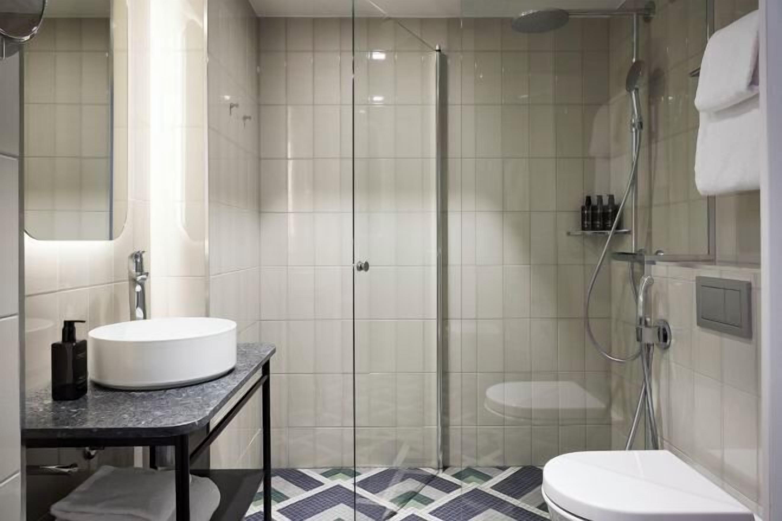 Shower, hair dryer, bidet, towels