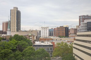 Experience the vibrant cityscape with a mix of modern and historic buildings, surrounded by lush greenery.