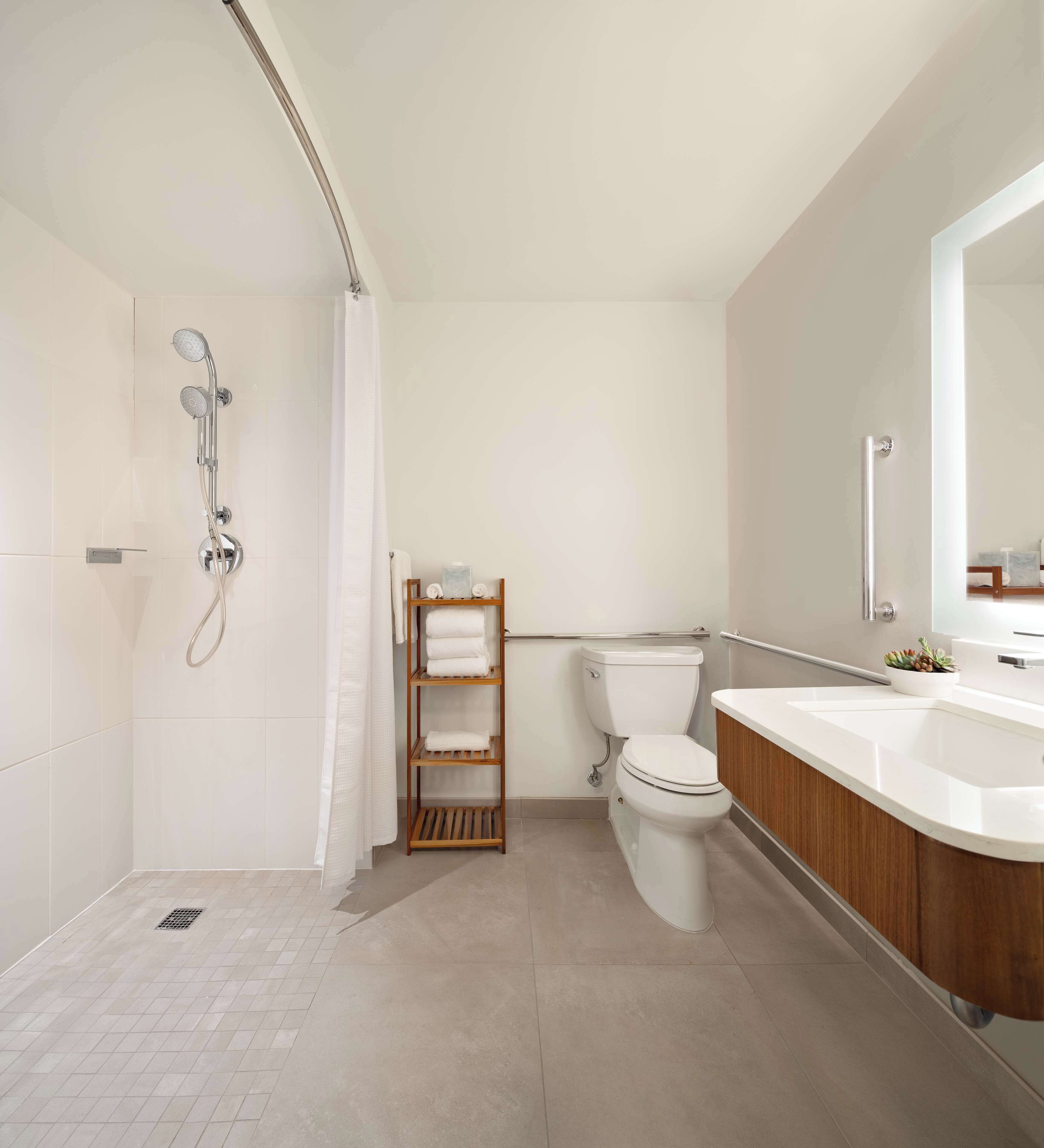 designer toiletries, hair dryer, towels