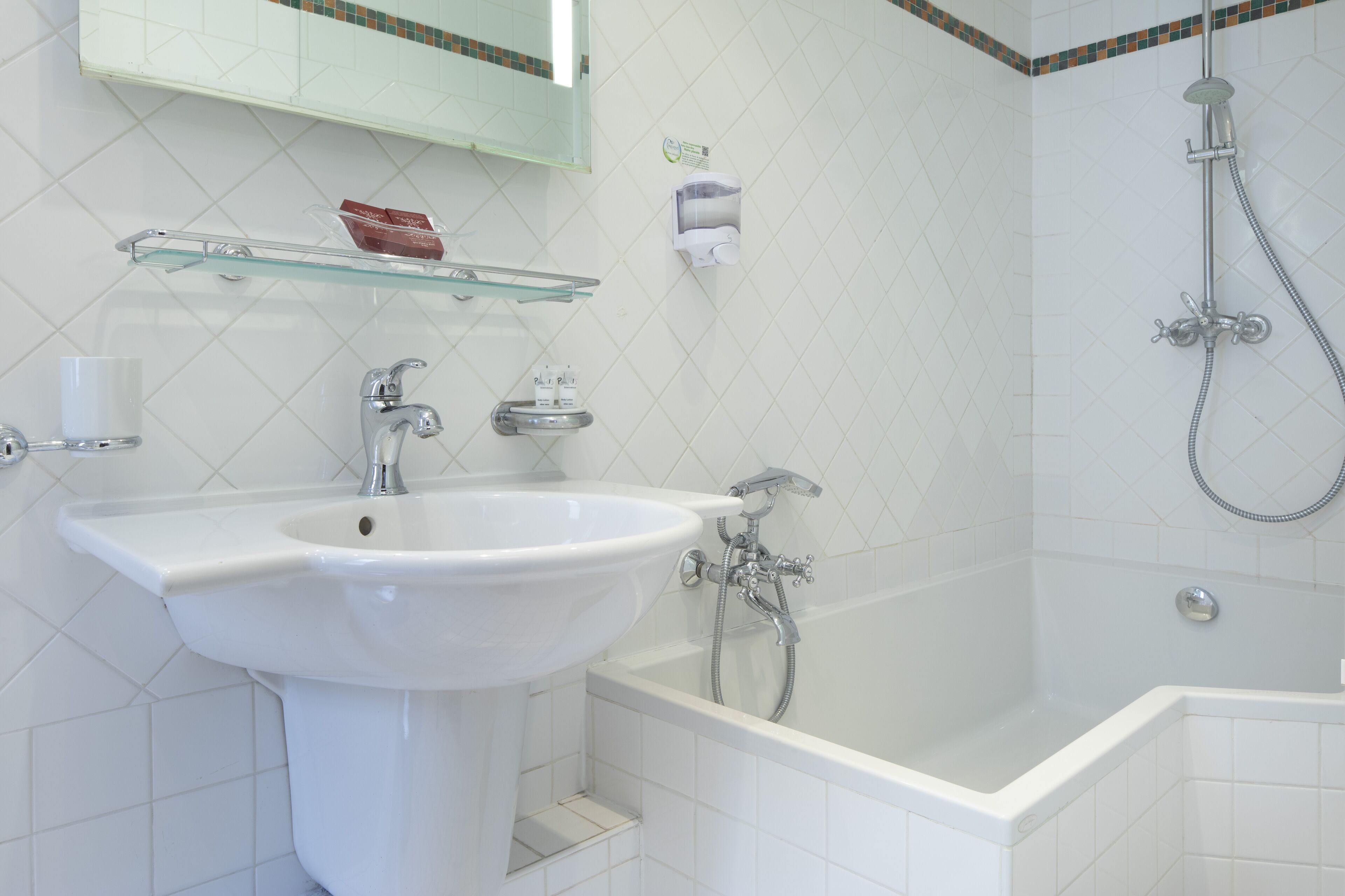 Une salle de bain avec un lavabo blanc, une étagère en verre où sont rangés les articles de toilette, une douche avec un pommeau de douche à main et une baignoire.