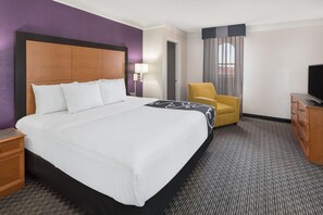 Habitación de hotel con una cama grande, una silla, un televisor y un escritorio.