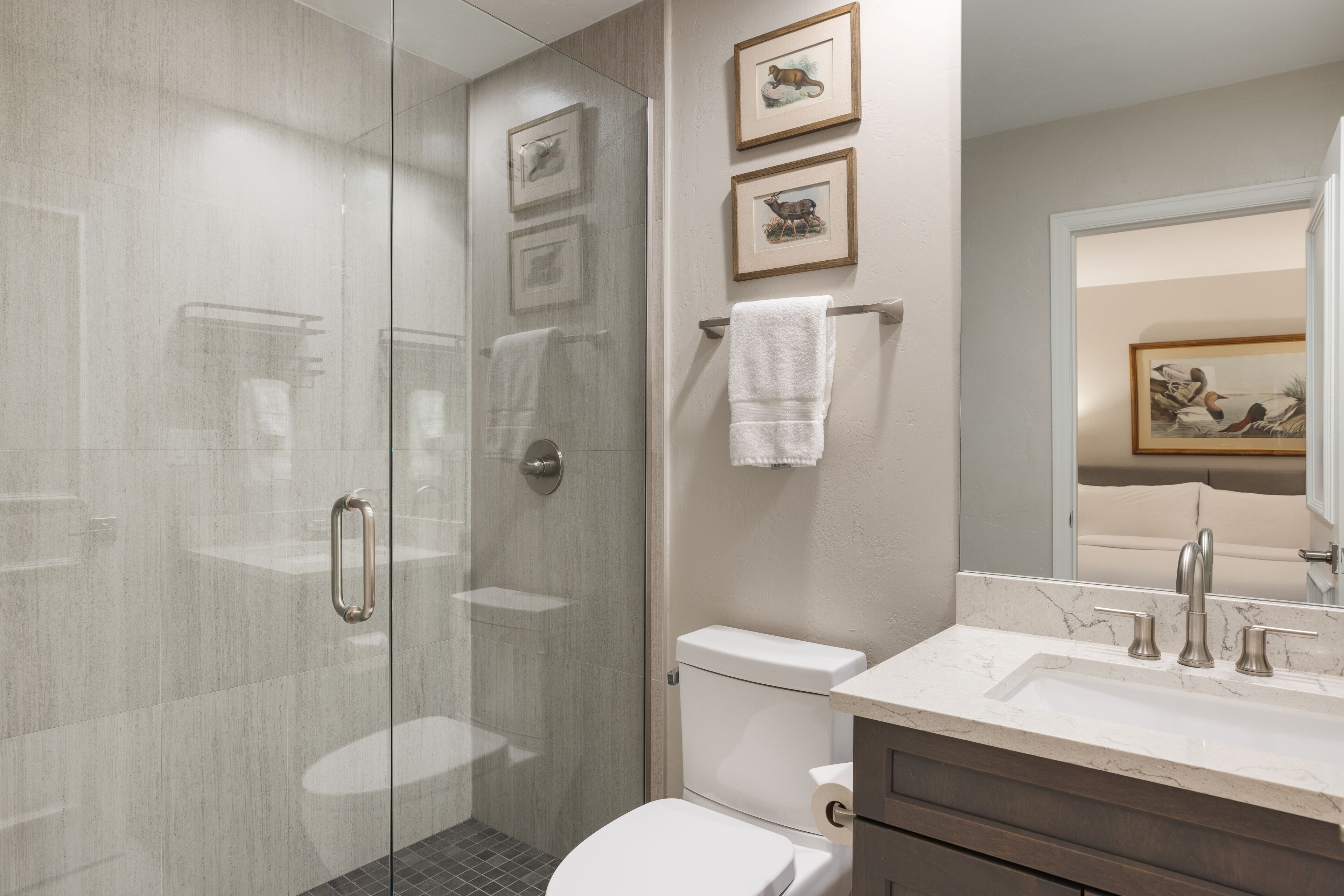 A modern bathroom with a glass shower enclosure, a toilet, and a vanity with a mirror.