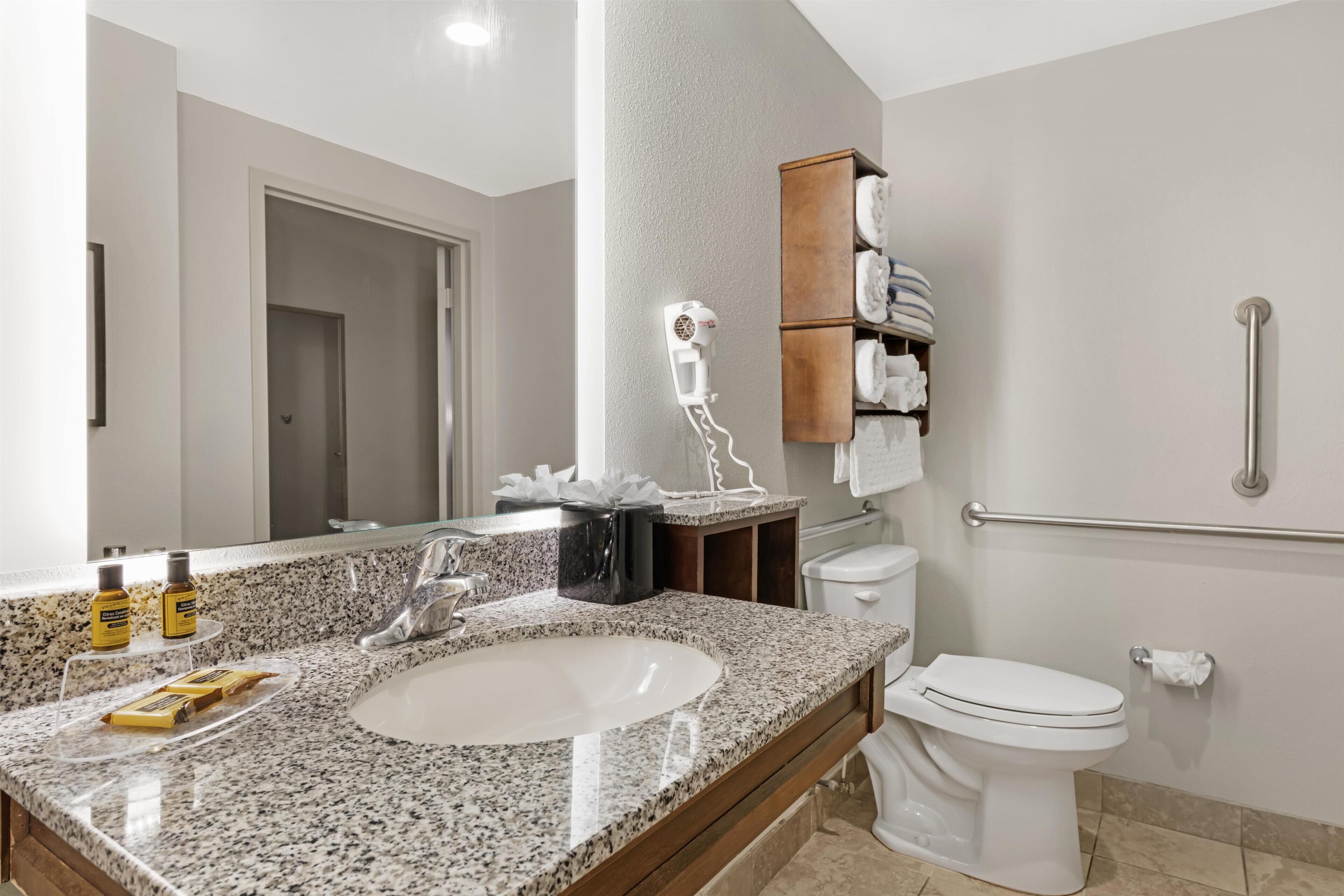 Une salle de bain équipée d’un lavabo avec un plan de travail en granit, d’un miroir, d’un porte-serviettes, de toilettes et d’un sèche-mains.