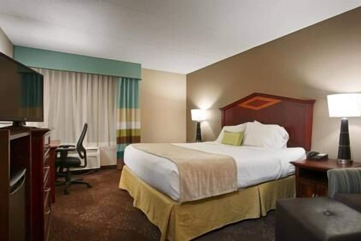 A hotel room with a bed, a desk, a chair, a TV, and two lamps.