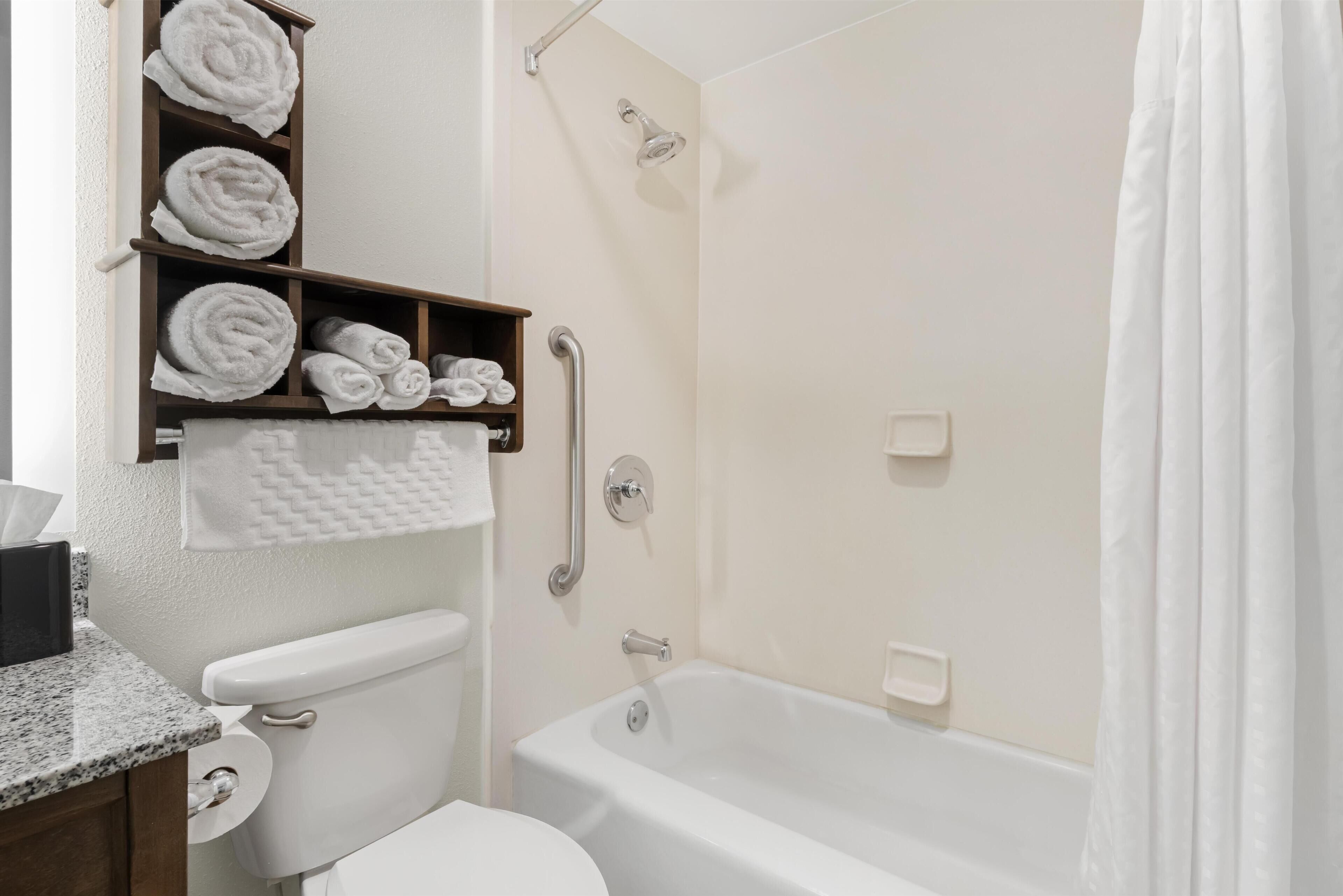 Combined shower/tub, free toiletries, hair dryer, towels