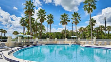 Outdoor pool, open 8:00 AM to 10:00 PM, pool umbrellas, sun loungers