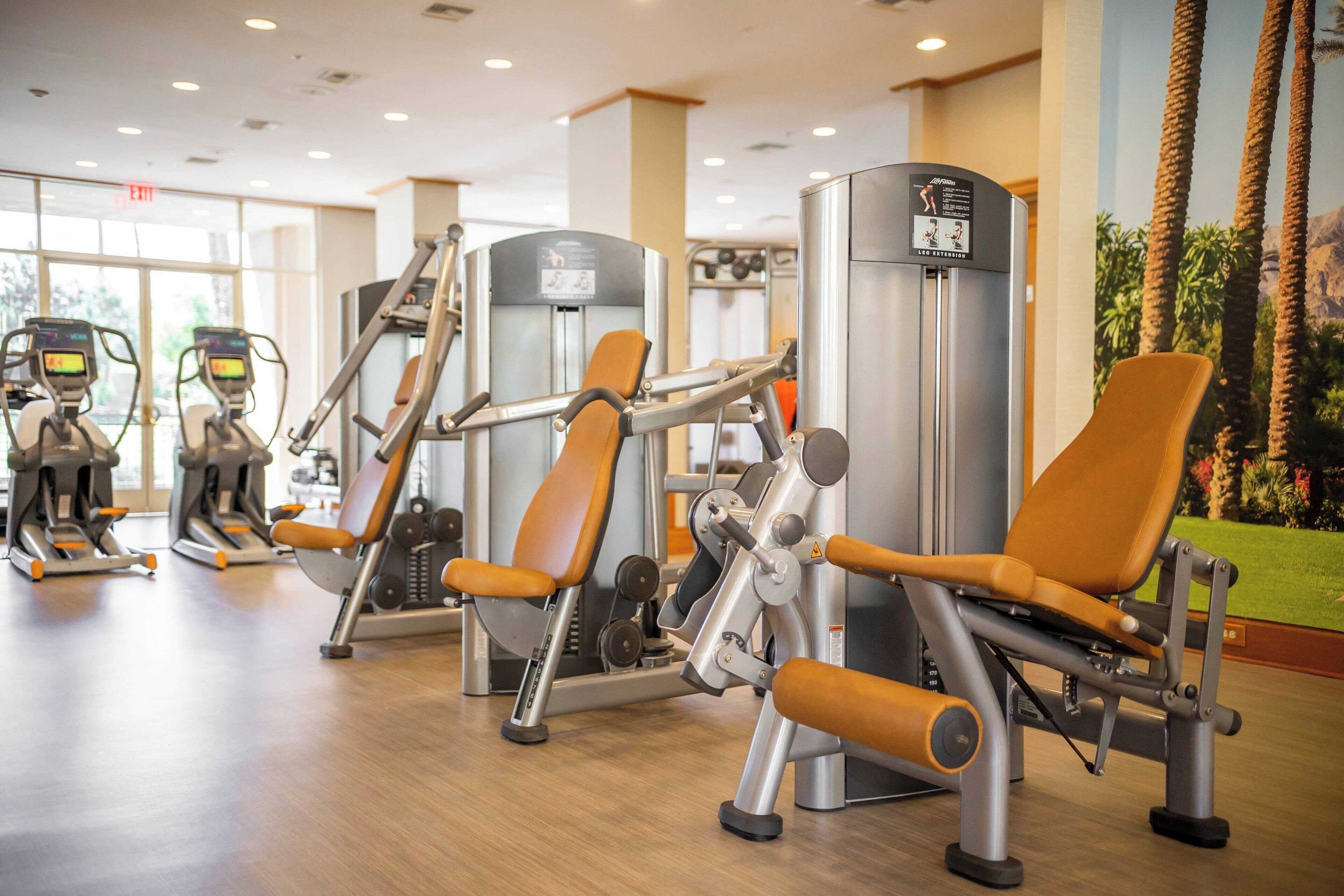 A gym with various exercise machines, including a leg press and a chest press.