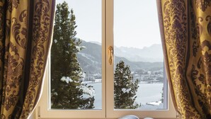 Une fenêtre donnant sur des arbres et des montagnes couverts de neige.