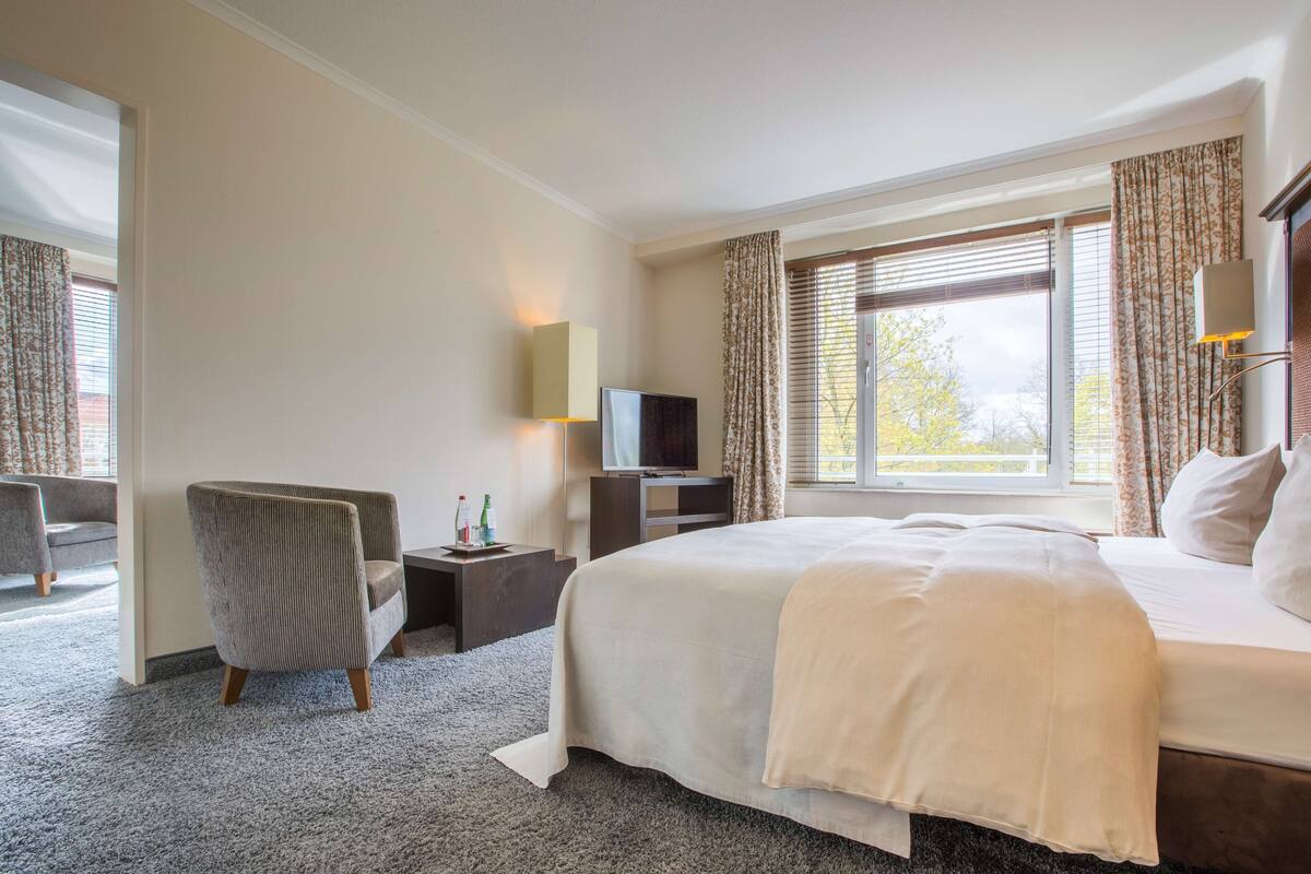 A hotel room with a bed, a TV, a chair, a desk, and a window with curtains.
