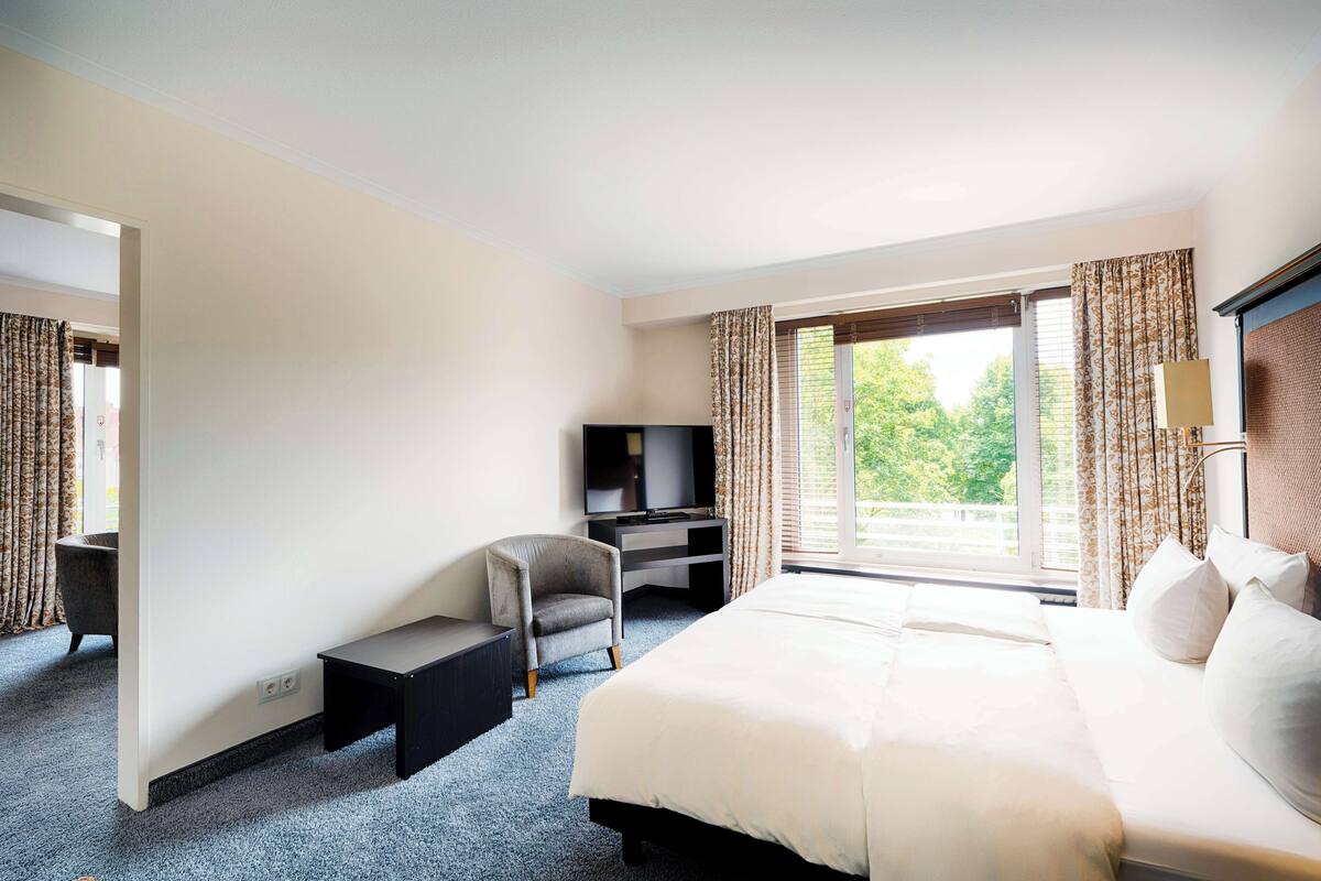 A hotel room with a large bed, a desk with a television, a chair, and a window with curtains.