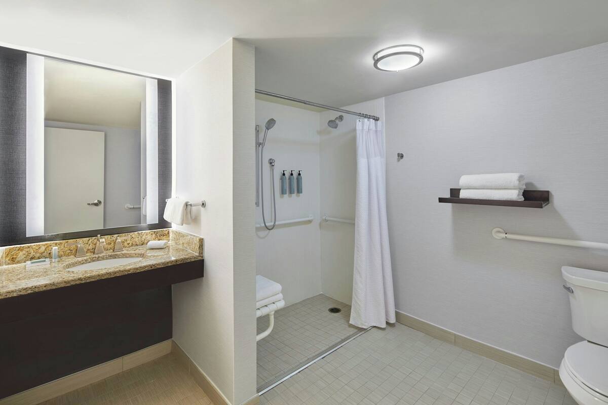 Un baño moderno con lavamanos de granito, ducha a ras de suelo, inodoro y espejo.