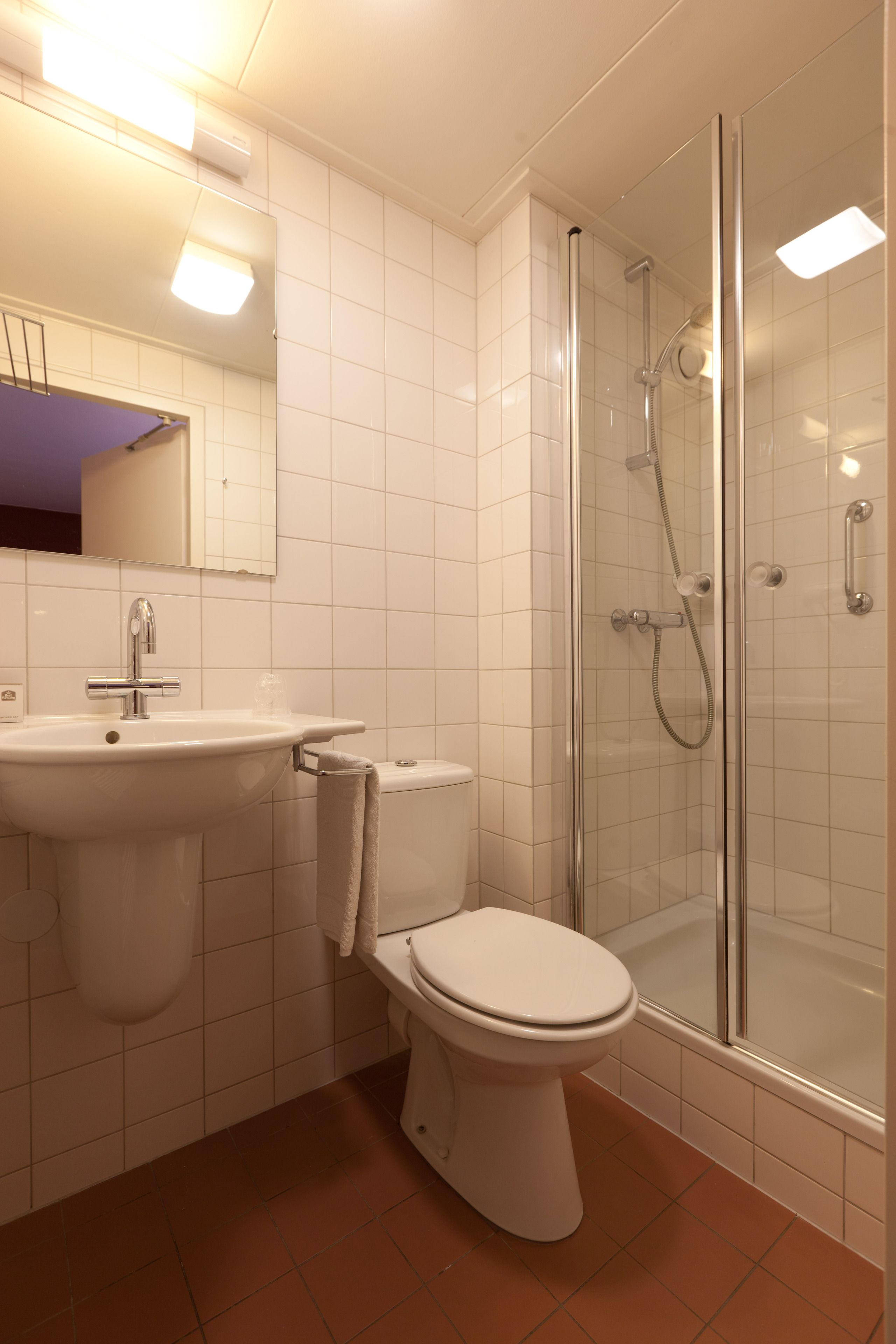 Un baño moderno con ducha de vidrio, un lavamanos blanco y un inodoro.
