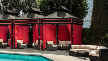 Outdoor pool, a heated pool, free pool cabanas, pool loungers