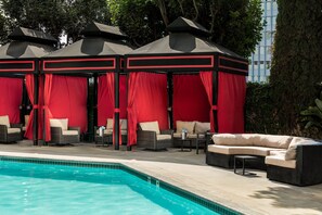 Outdoor pool, a heated pool, free pool cabanas, pool loungers