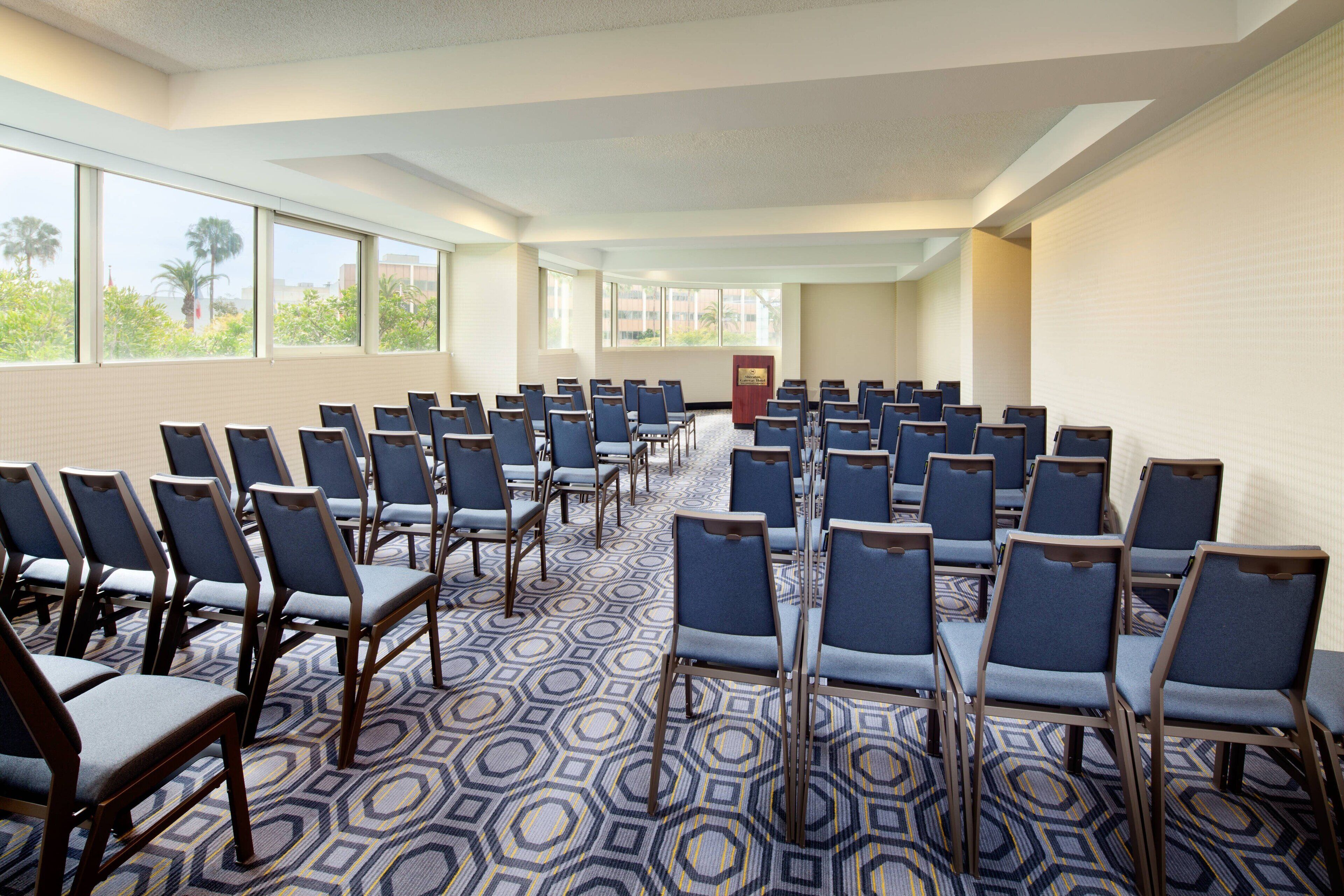 A conference room with rows of chairs, a patterned carpet, and large windows with a view of palm trees.