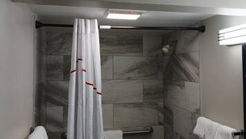 Combined shower/bathtub, free toiletries, hair dryer, towels