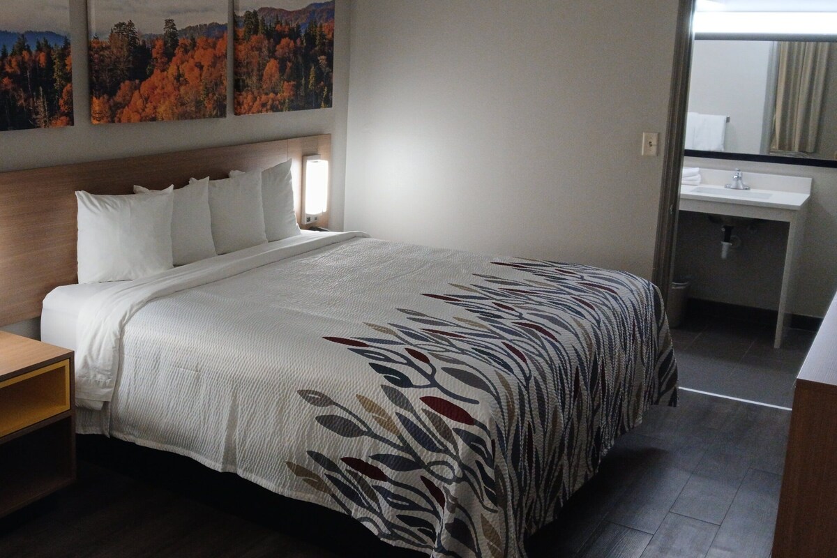 A hotel room with a bed, nightstand, and a bathroom with a sink and mirror.