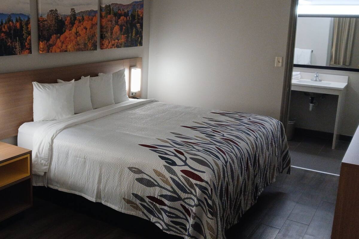 A hotel room with a bed, nightstand, and a bathroom with a sink and mirror.