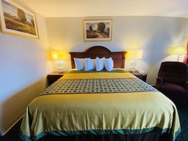 Una habitación de hotel con una cama grande, dos lámparas de noche, una silla y un cuadro enmarcado en la pared.