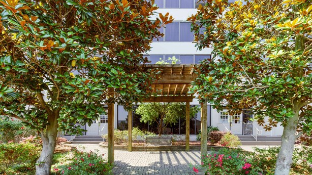 A covered outdoor seating area with a brick pathway, surrounded by trees and flowering plants.