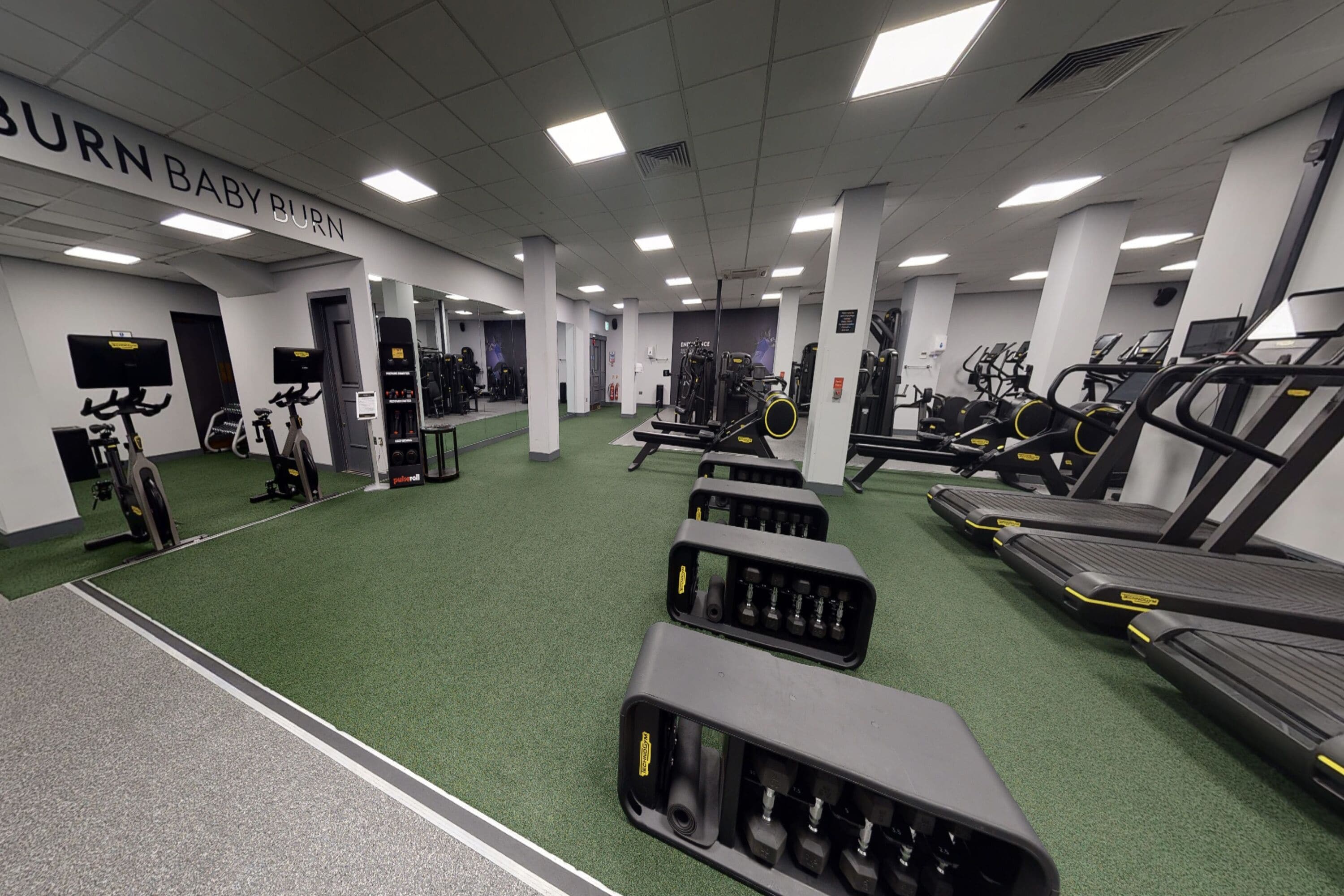 A gym with treadmills, weight machines, and free weights.