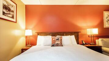 A hotel room with a large bed, two bedside lamps, a nightstand, a chair, and a framed picture on the wall.