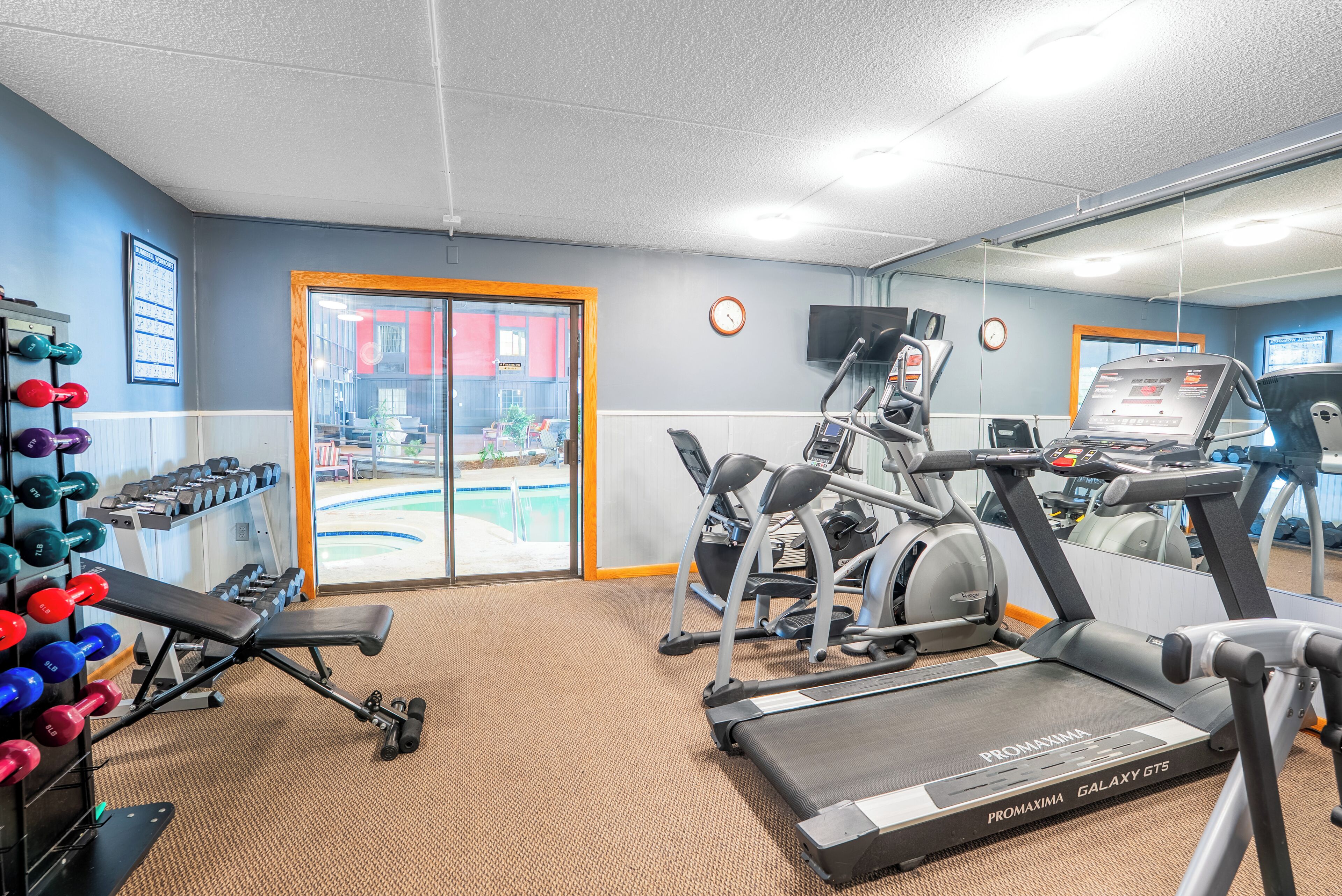 A gym with treadmills, dumbbells, and a bench.