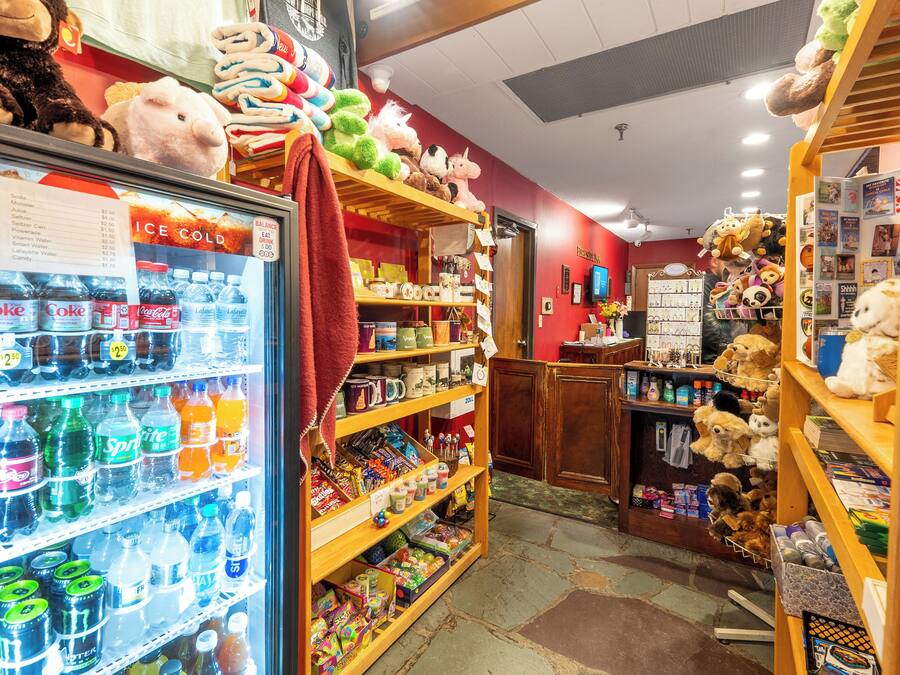 Uma loja com prateleiras repletas de diversos produtos, incluindo lanches, bebidas e bichos de pelúcia.