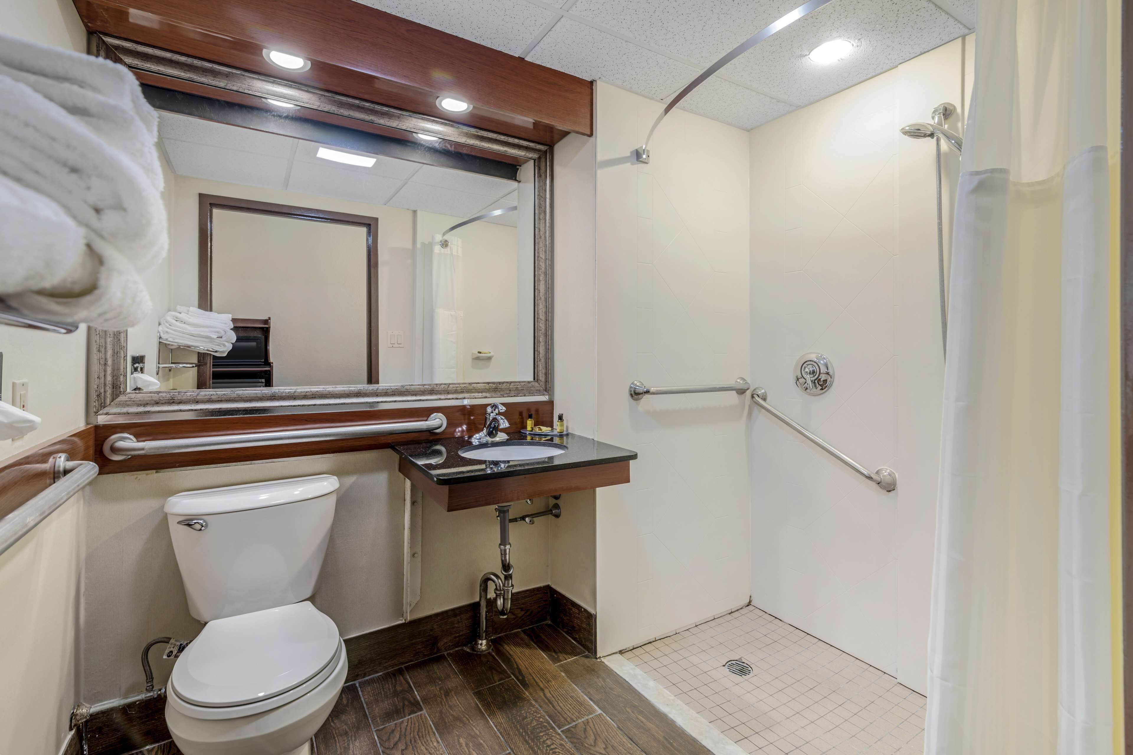 A bathroom with a toilet, sink, and shower.