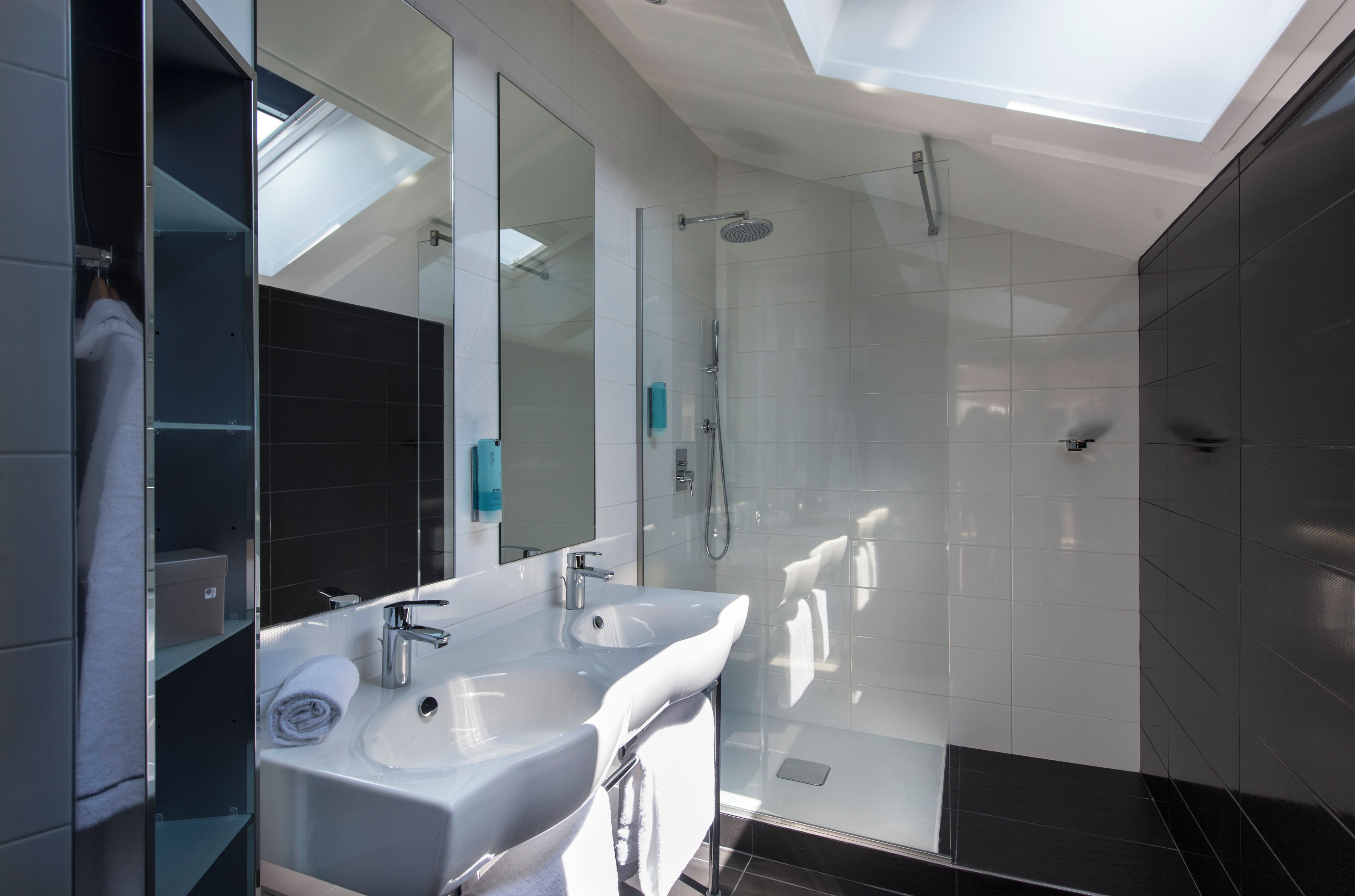 Un baño moderno con tragaluz, ducha con cerramiento de vidrio y tocador doble.
