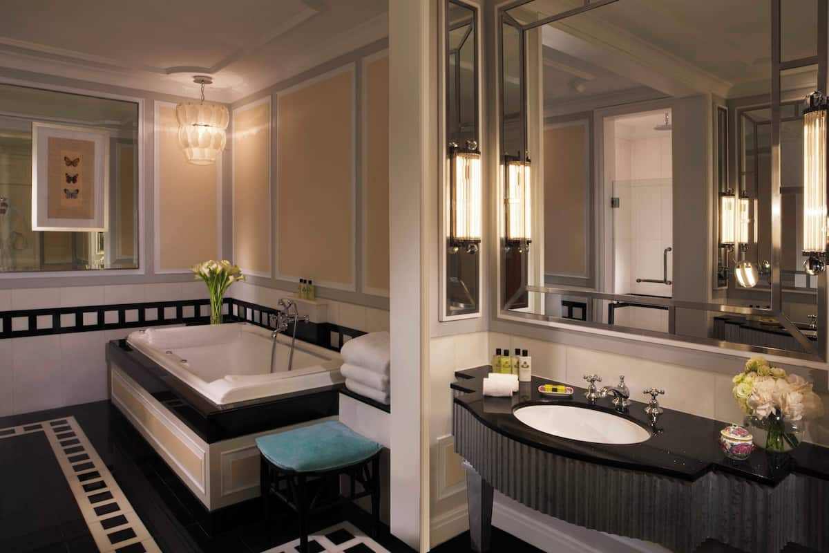 separate bathtub and shower, free toiletries, hair dryer, bathrobes