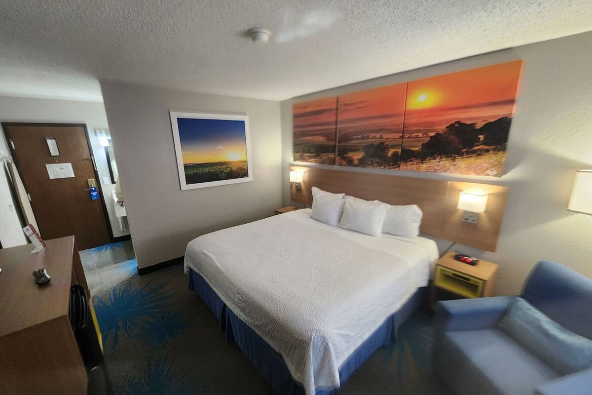 Una habitación de hotel con una cama grande, un escritorio, una silla y un cuadro de atardecer en la pared.