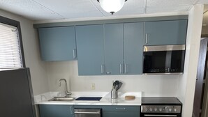 A kitchen with teal cabinets, a black refrigerator, a stainless steel sink, and a black oven. - Days Inn by Wyndham Sioux Falls Airport (Sioux Falls)